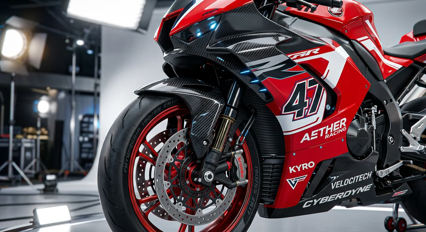 cinematic close-up of red motorcycle wheel and fairing, racing number 47, bright studio lights