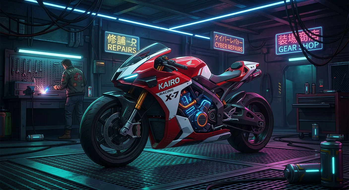 cinematic 35mm shot, sleek futuristic red and white motorcycle parked in a dark cyberpunk garage, neon accents, highly detailed, photorealistic